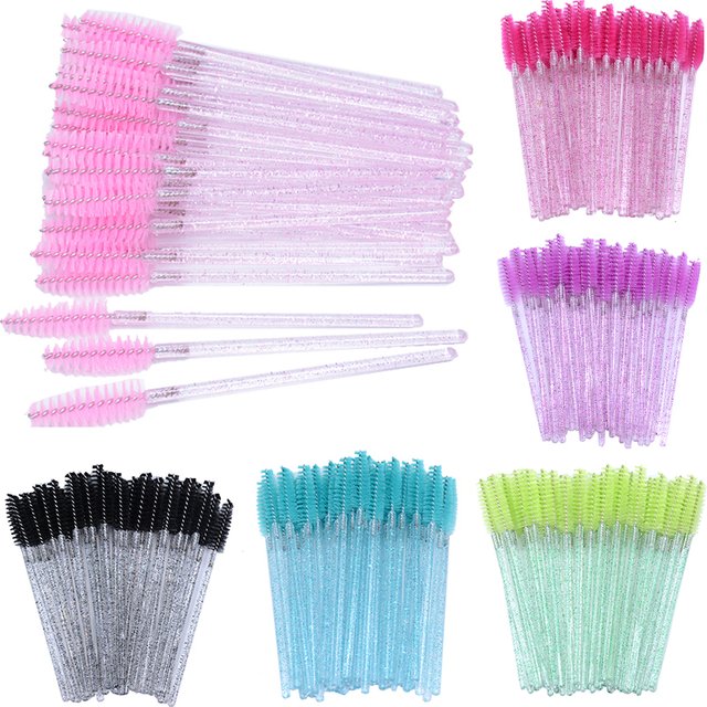 50pcs Disposable Eyelash Brushes Crystal Eye lash Mascara Wands Glitter Lash Comb Spoolies Micro Makeup Applicators
