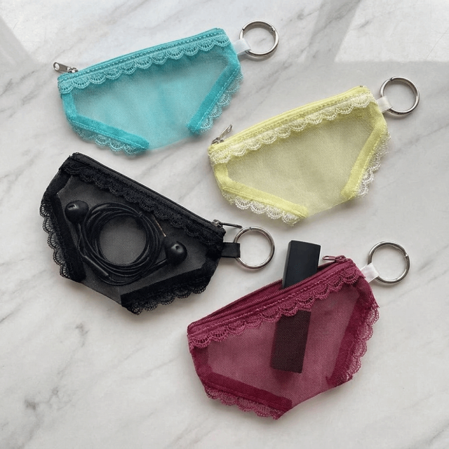 Unique Mesh Briefs Shape Cosmetic Bag Clear Decorative Makeup Storage Pouch Lace Trim with Zipper Travel Cosmetic Bag Headphones