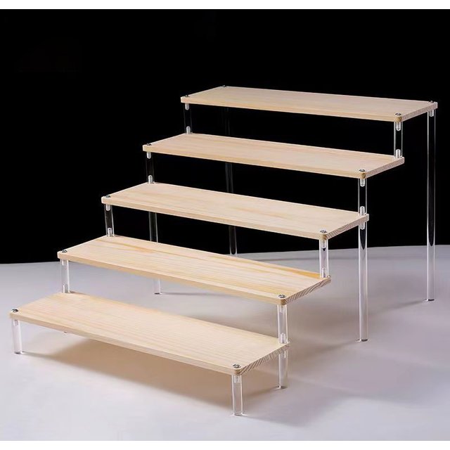 2-5 Tier Transparent Acrylic Base Solid Wood Display Stand Stepped Toys, Models, Cosmetics, Skin Care Products Display Stand