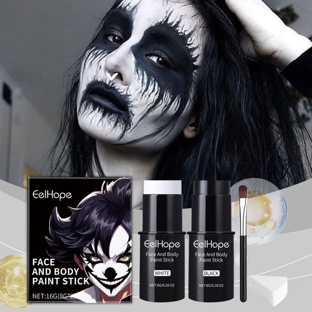 Halloween Black White Face Body Paint Kit Full Coverage Lighweight Foundation Clown Joker Makeup Festive Makeup Accessories Set