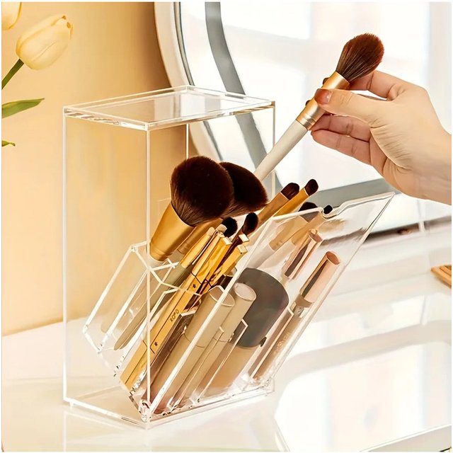 Clear Acrylic Makeup Brush Organizer Holder With Lid Cosmetic Storage Box For Vanity Tabletop Desk Display Produce Clothes