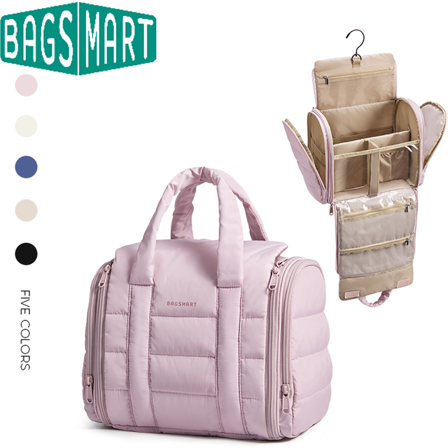 BAGSMART Women Toiletry Bag with Hanging Hook Puffy Water-resistant Makeup Cosmetic Bag for Accessories Shampoo Container Toilet