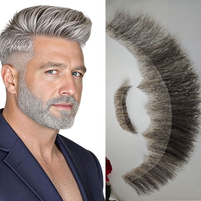Grey Human Hair Invisible Swiss Lace Natural False Beard Real Face Mustache for men Fake Beard Makeup
