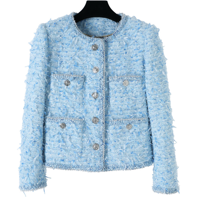 Manteau en tweed à manches longues avec pompon pour femme, bleu, luxe, petit, parfum, mode, doux, automne, hiver, bureau, dame, haute qualité