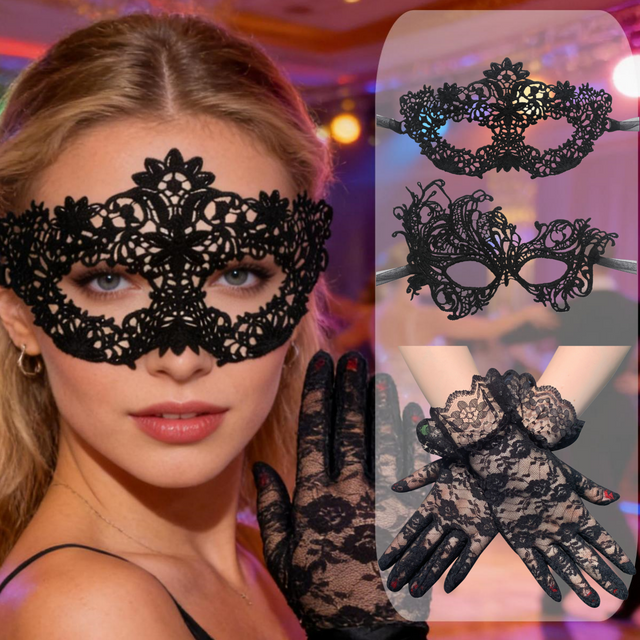 Masque en dentelle reine noire, ensemble de gants brodés de fleurs, Costume de fête, masque de carnaval, accessoires pour femmes, masque de mariage, masque de mascarade
