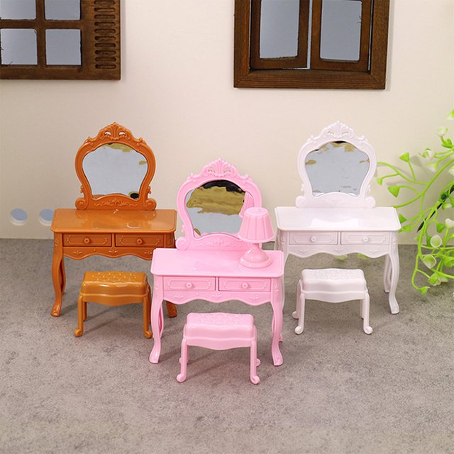 1:12 Dollhouse Miniature Dressing Table W/Mirror Bedside Table Chair Make-up Table Home Decor Toy Doll House Accessories