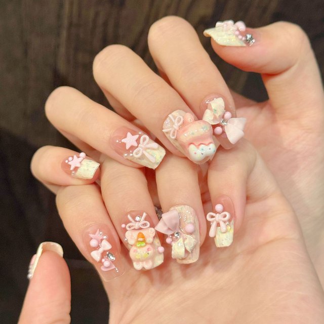 10 pièces mignon français faux ongles à la main presse sur les ongles avec dessin animé 3D étoile arc décor couverture complète Blush Ballet pointe d'ongle artificiel