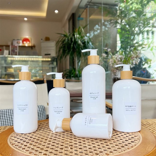 Bouteille de shampoing-gel douche réutilisable, avec pompe en bambou, distributeur de gratitude pour