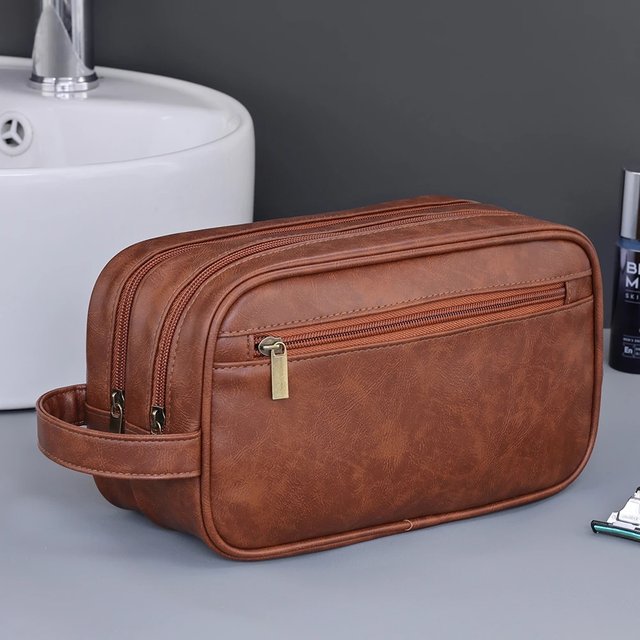 PU Leather Toiletry Bag for men Double-Layer Travel Wash Organizer Dopp Kit Water-resistant Shaving Cosmetic Bag Strorage
