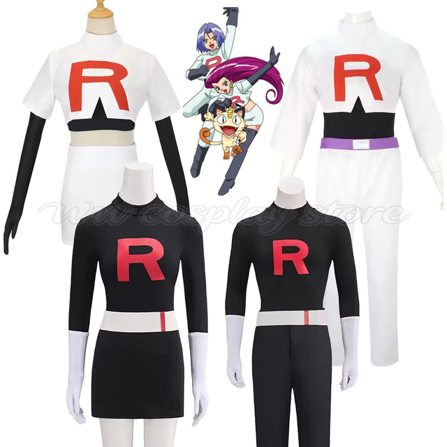 Tenue de Cosplay Team Rocket Grunt, uniforme classique noir et blanc avec chapeau pour adultes, hommes et femmes, costume fantaisie pour mascarade Anime, Halloween