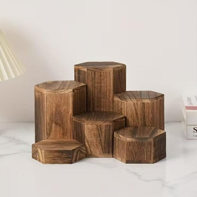 New Hexagonal Wooden Display Stand Stepped Design Cube Jewelry Display Rack Brown Bangle Organizer Perfume Counter