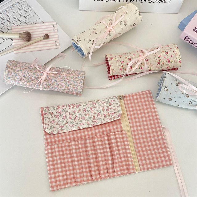 New Floral Makeup Brush Storage Bag Portable Pen Slots Cosmetic Toiletry Case Large Capacity Pencil Case