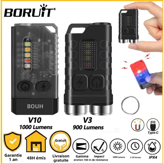 BORUiTV3/V10 LED porte-clés lumière puissante EDC lampe de poche type-c lampe de poche Rechargeable avec lumière UV rouge lampe de pêche