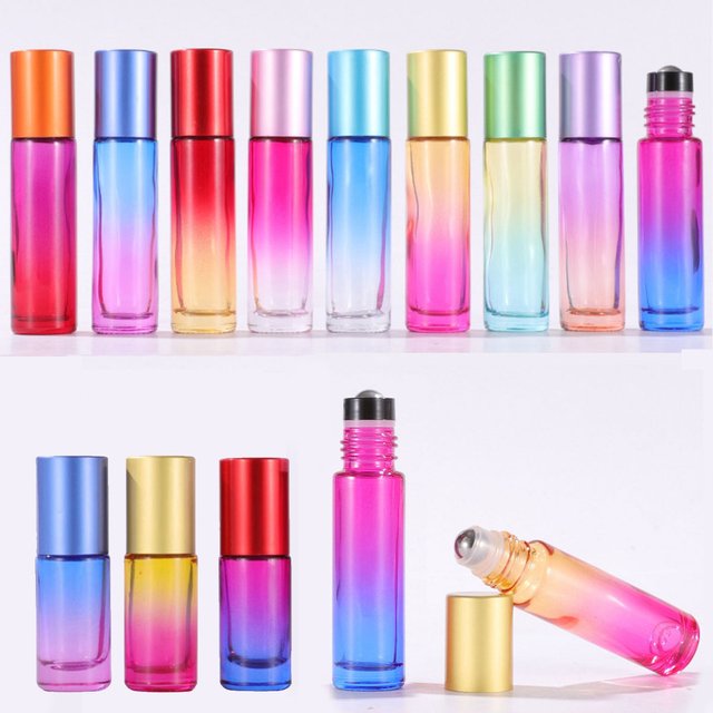 Bouteilles à roulettes d'huile essentielle en verre rechargeables de couleur dégradée, 1x10x20x10ml, avec boule à roulettes en métal pour parfum