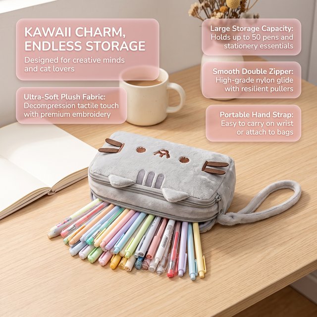 Cute Pusheen Style Cat Cosmetic Pouch Large Capacity Makeup Bag Stationery Pencil Case with for Teens Travel School Organizer