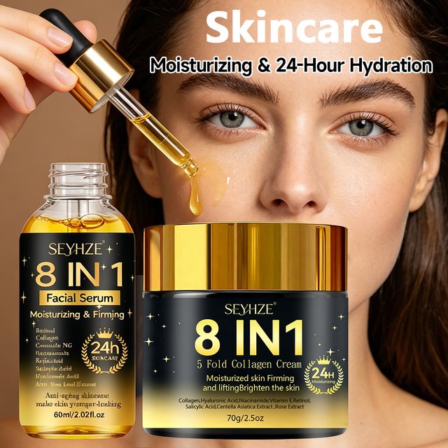 SEYHZE 8in1 Hydrating Facial Serum & Tightening Cream Set 2pcs Skincare Kit with Niacinamide Collagen Ceramides Aloe + Snow Aloe