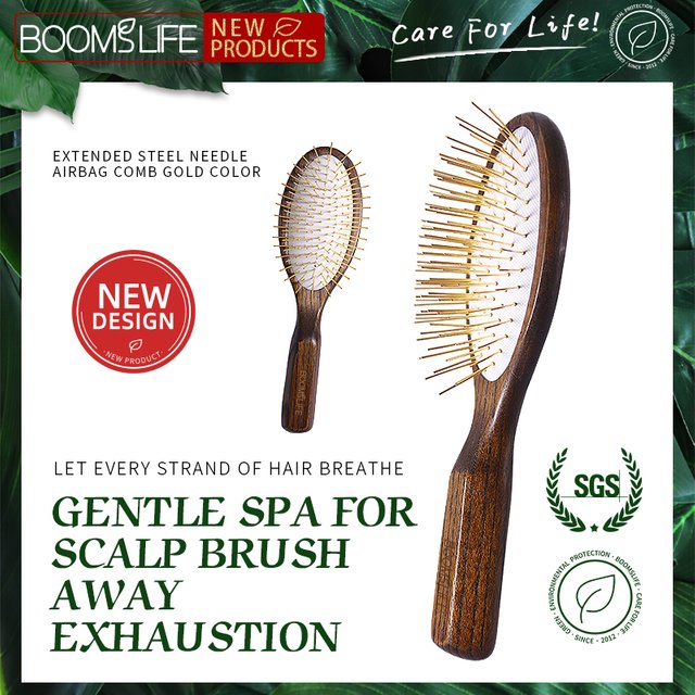BOOMSLIFE Personalized Logo Metal Needle Wood Hair Brush for women Hair Detangling Metal Pin Comb Massage Scalp Hair Comb