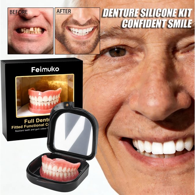 Feimuko Full Set Dentures Fake Teeth Braces Comfort Fit Instant Smile Snap On Veneers Oral Care With Mirror Case for men Women