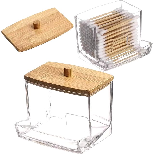Makeup Bamboo Cotton Swab Storage Box with Lid Small Earpick Dispenser Clear Transparent for Toothpicks for Cotton