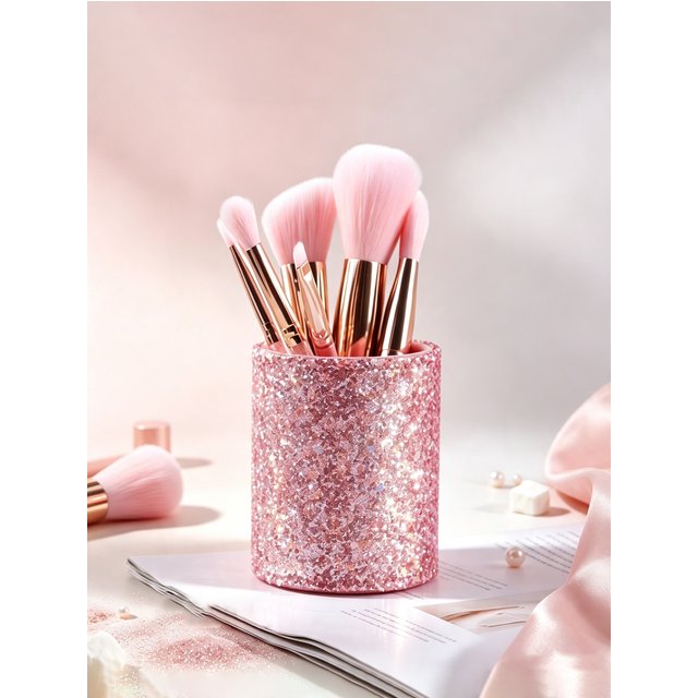 1 Pink Glitter Makeup Brush Storage Jar, a Decorative Storage Organizer for Cosmetics, Jewelry, and Perfume, Suitable for Aesthetic Dressing Table Decoration in Bathrooms, Desks, and Bedroom Shelves,