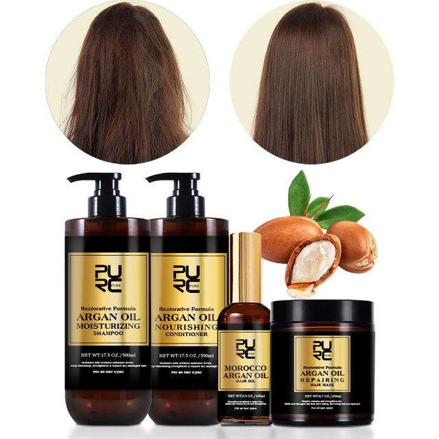 PURC Morocco Argan Oil Hair Shampoo Conditioner Treatment Smoothing Hair Oil and Hair Mask Sets Soft Repair Damagd Hair Care
