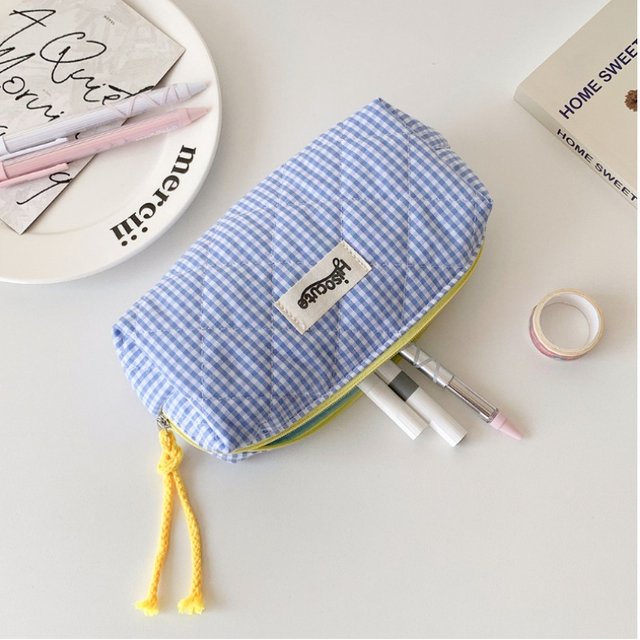 1PC Color blocking checkered pencil case, girls' stationery storage bag, large capacity cosmetics and miscellaneous storage bag
