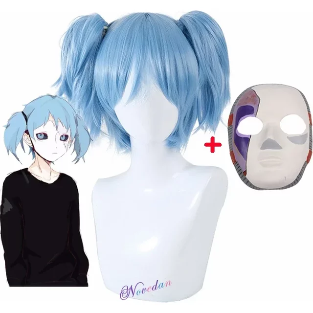 Sally Face Cosplay Props Sally Latex Face Mask Wig Short Blue Heat Resistant Synthetic Hair Clip Ponytail Wig Costume