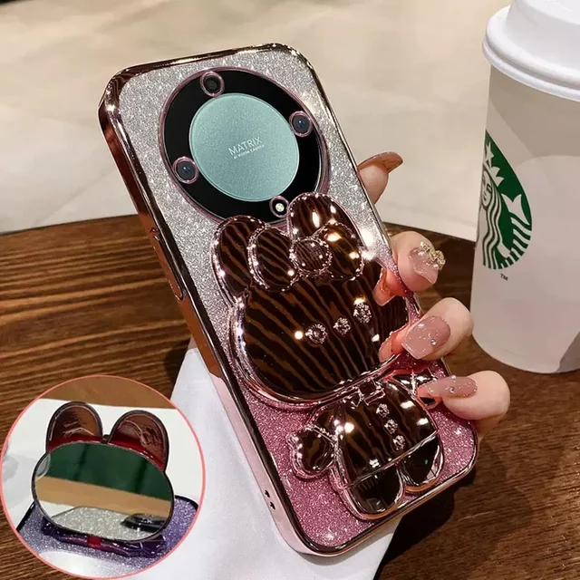 Popular Rabbit Makeup Mirror Stand Glitter Case For Honor Magic 8 Pro Lite 7 6 X9C X9D X8C X8D X7C X7D X5C Plus Shockproof Cover