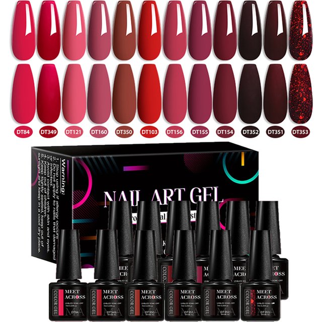 MEET ACROSS12Pcs Red Series Gel Nail Polish With Box Semi Permanent UV Gel LED Nail Art Varnish Manicure Kit Nail Supplies