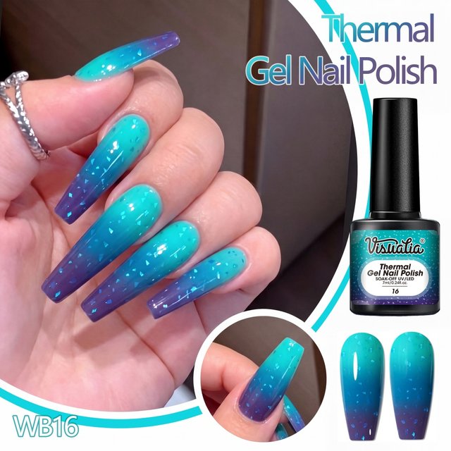 Visuatia temperature-sensitive nail polish combines temperature-sensitive color changes with blue foil, creating two completely different nail finishes under different temperature conditions. The gel