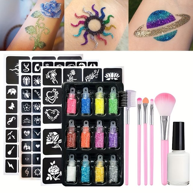 12 Color Temporary Tattoo Glitter Set,Includes Glue,Templates,Makeup Brushes,for Temporary Tattoos, Face & Body Decoration