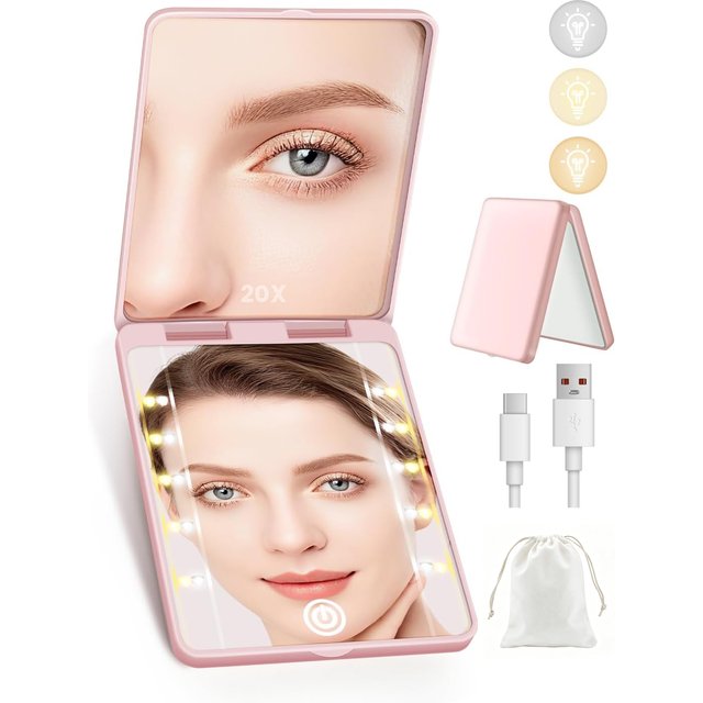 Compact Mirror Rechargeable 20X Magnifying Mirror with LED, 3 Lighting Modes, Dimmable Brightness, Portable Travel Makeup Mirror