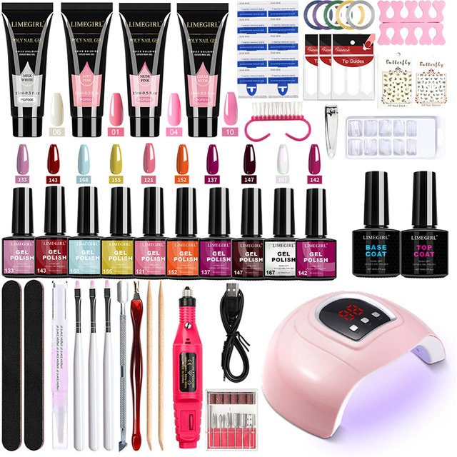 LIMEGIRL 8ml Gel Nail Polish Kit with UV Nail Lamp Electric Nail Drill UV Soaking Gel Base and Top Coat Gel Polish Nail Tool Kit