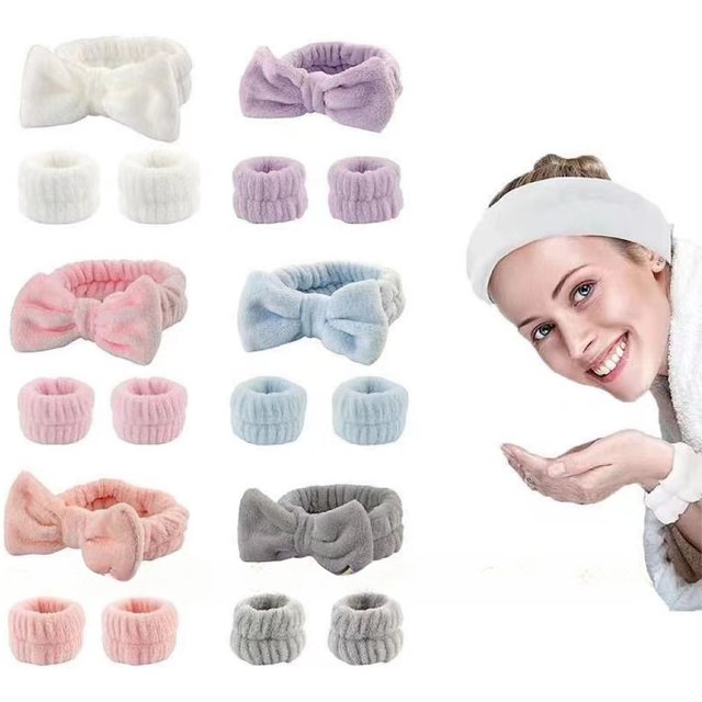 3Pcs Bow Headband Wristband Set Towel Elastic Soft Washing Face Shower Make Up Yoga Sports Skincare Headband for women Girls