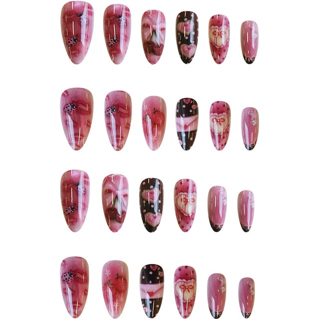 24pcs Y2k Sweet Cool Press On Nails Gradient Blush Pink Almond False Nails Cute Cartoon Cherry Bowknots Decor French Fake Nail
