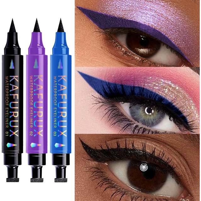 3 Color 2 IN 1 Seal Stamp Eyeliner Pen Waterproof Black Purple Blue Liquid Eye Liner Pencil Eyes Korean Makeup Gifts Cosmetic