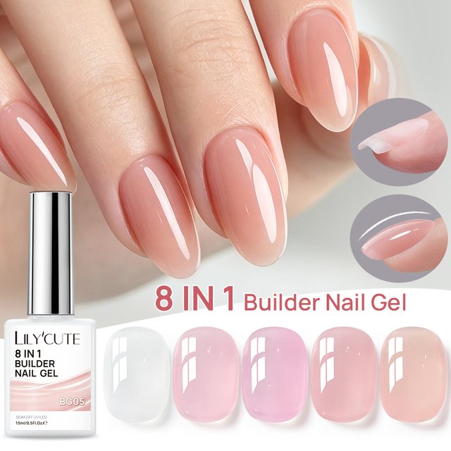 LILYCUTE 15ML Glass Bottle 8‑in‑1 Builder Gel, UV Reinforcement Gel Nail Polish, Soak‑off Nail Art Supplies