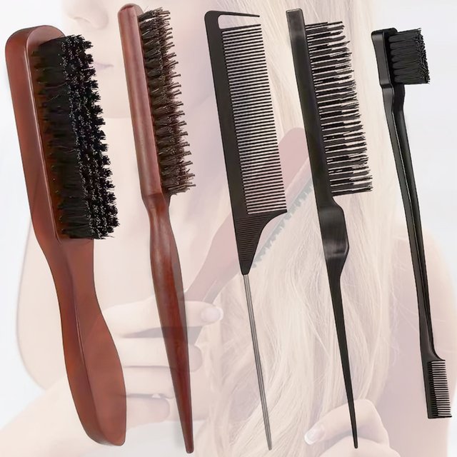 1/2/4/5pcs Wild Boar Bristle Hair Brush and Comb Set, Edge Control Styling Tools,Nylon Bristles, ABS Handle