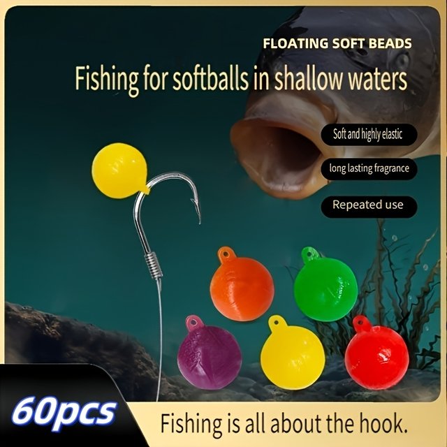 60 Paquets de Plombs Flottants Souples pour la Pêche - Perles TPE Élastiques à Fort Parfum 8-14mm avec Anneau, Leurres Réutilisables Sans Plomb pour l'Eau Douce