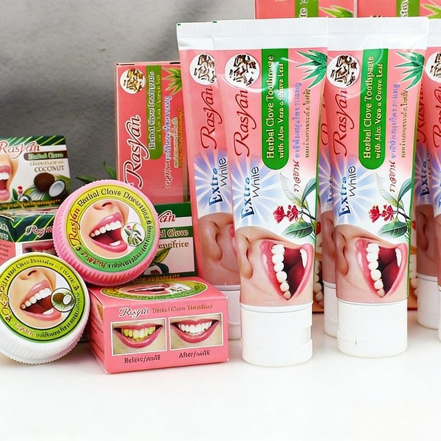Rasyan Whitening Toothpaste Thai 100g and 25g Tooth Powder Set Herbal Clove Formula for Stain Removal Fresh Breath for Smoker