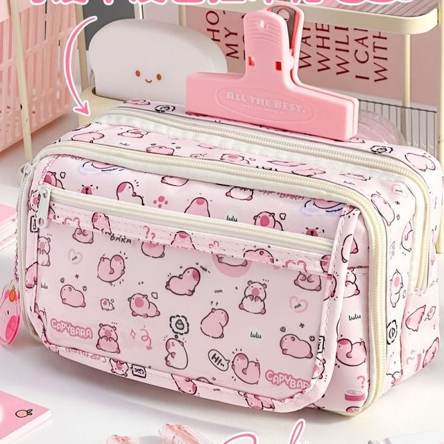 Pink Capybara Pencil Case - Kawaii Large Capacity Storage Bag for School & Makeup