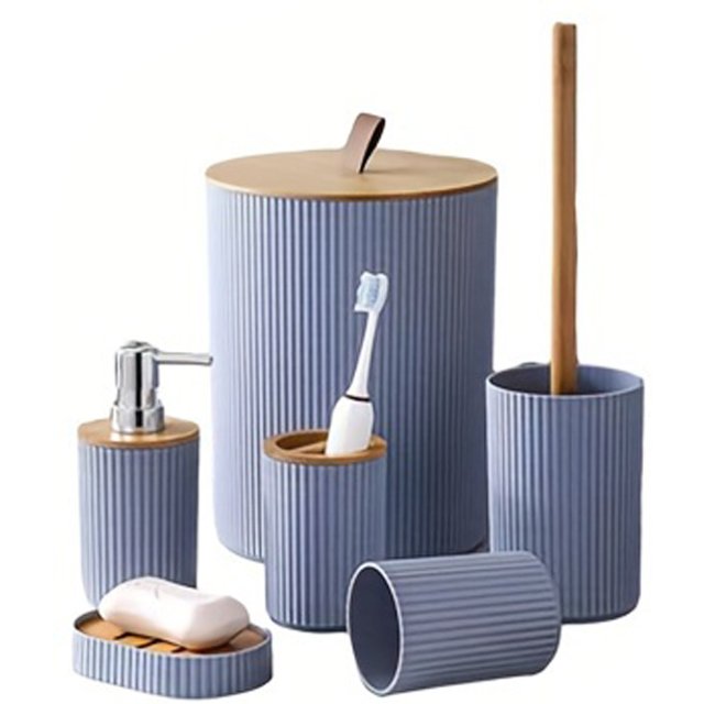 6Pcs Bathroom Accessories Soap Dispenser Box Toilet Brush Lotion Bottle Trash Can Plastic Bathroom Storage Set Toothbrush Cup
