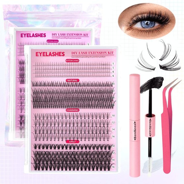 1 Set DIY Eyelash Extension Kit - Waterproof Thick Mix Clusters with Bond And Tweezers Makeup Tools for Lashes