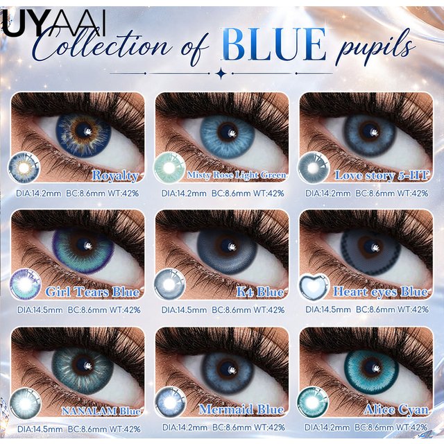 UYAAI New Blue Color Contact Korean Big Eyes Lens Cosplay Contacts Makeup High Quality 12 Months Disposable Contacts 2Pcs