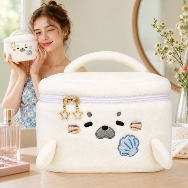 Fluffy Little Seal Makeup Bag Large Capacity Embroidery Pattern Cosmetic Bag Handheld Portable Travel Toiletry Bag Multipurpose