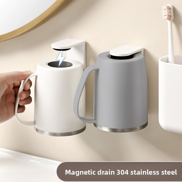Magnetic Mouthwash cup 304 Stainless Steel brush cup wall Mounted non perforated toothbrush cup wall shelf with Handle