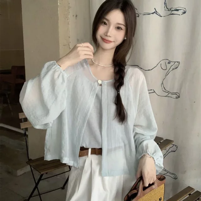 Smvp Summer Single Button Sunscreen Shirt Women Korean Sweet O-neck Open Sun Protection Shirts Thin Lantern Sleeve Short Coat