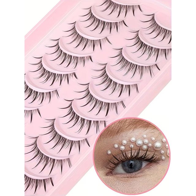 10 Pairs Wet-Look Lashes – Manga-Style Natural Cluster Lashes, Anime False Eyelashes, Fine and Fluffy, Korean Makeup Style, Cle