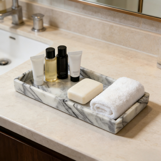 Xiangxue Plum Marble Tray, Natural Stone Edge Tray, for Jewelry, Perfume, Lipstick, Bedroom Bathroom Wabi-Sabi Style Decoration