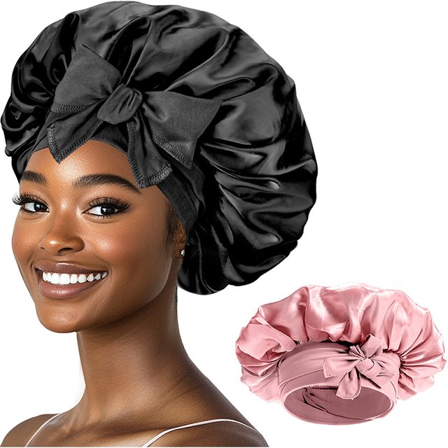 Satin Nightcap Comfortable Silk Soft Cap for Sleeping Hair Care Hat with Hairband for women Curl Hair Elastic Wide Brim Roundhat